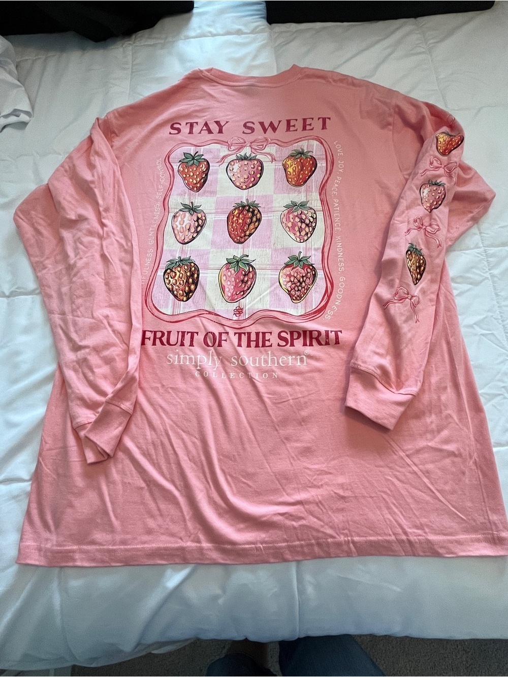 Simply Southern “Stay Sweet" Pink Strawberry Long Sleeve Tee Size Large